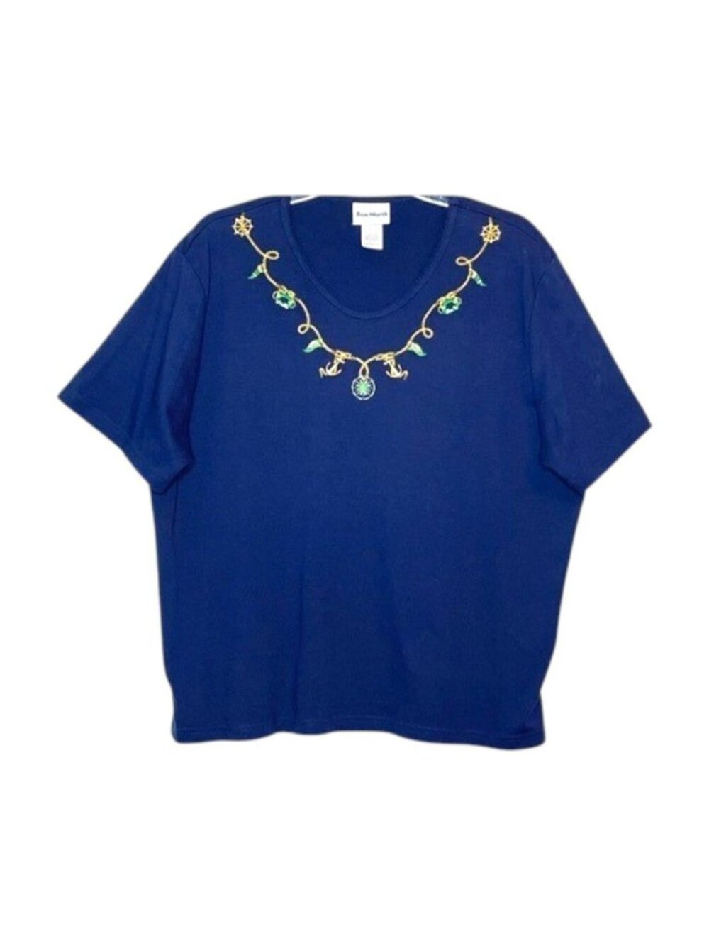 Bon Worth Nautical Theme Top Embroidered Scoop Neck Short Sleeves Blue Size XLP